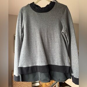 DREW Gray & Black Layered Top w Chiffon Ruffle Neck and Camo Trim (size M)